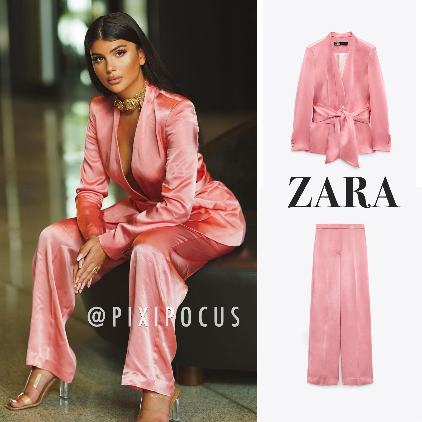 Zara [ 2 Pieces ] Suit Pink Satin Blazer + Pants M Medium